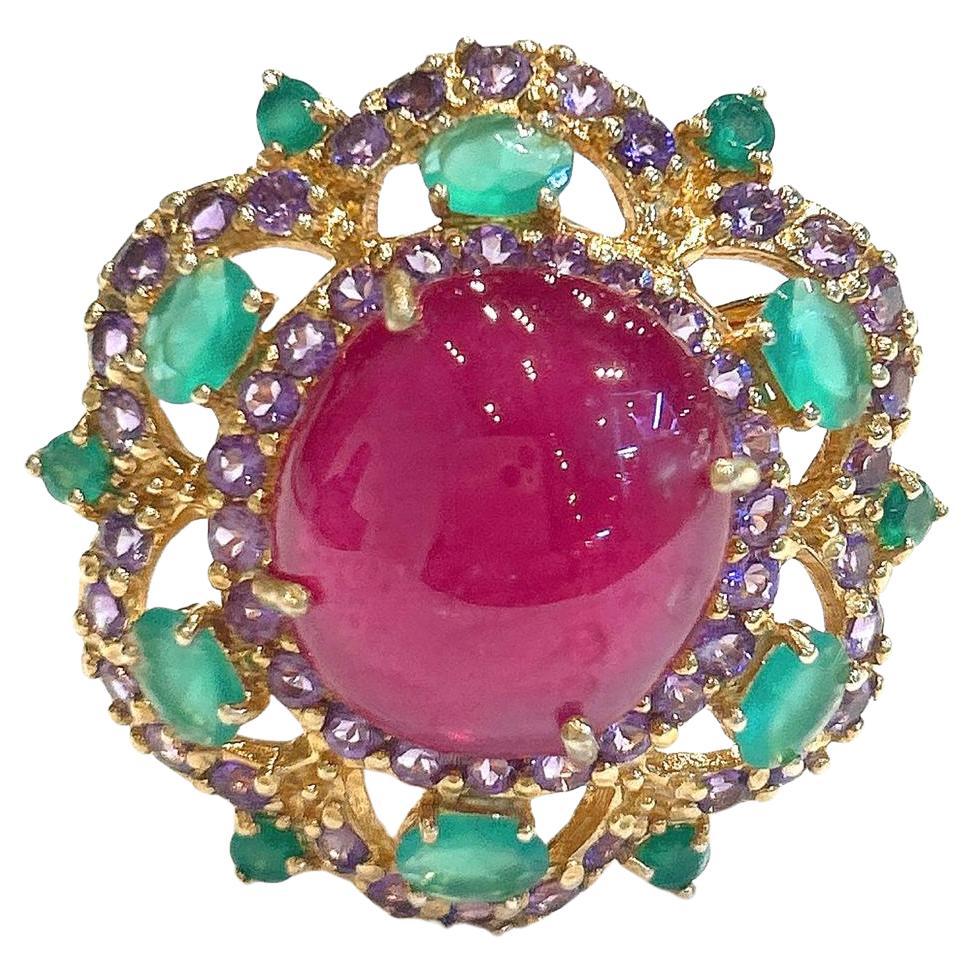 Bochic "Capri" Bague cocktail rubis, améthyste et émeraude en or 18 carats et argent