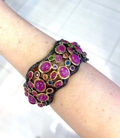 Bochic “Capri” Vintage Ruby, Amethyst & Multi Gems Cuff Set In 18K & Silver