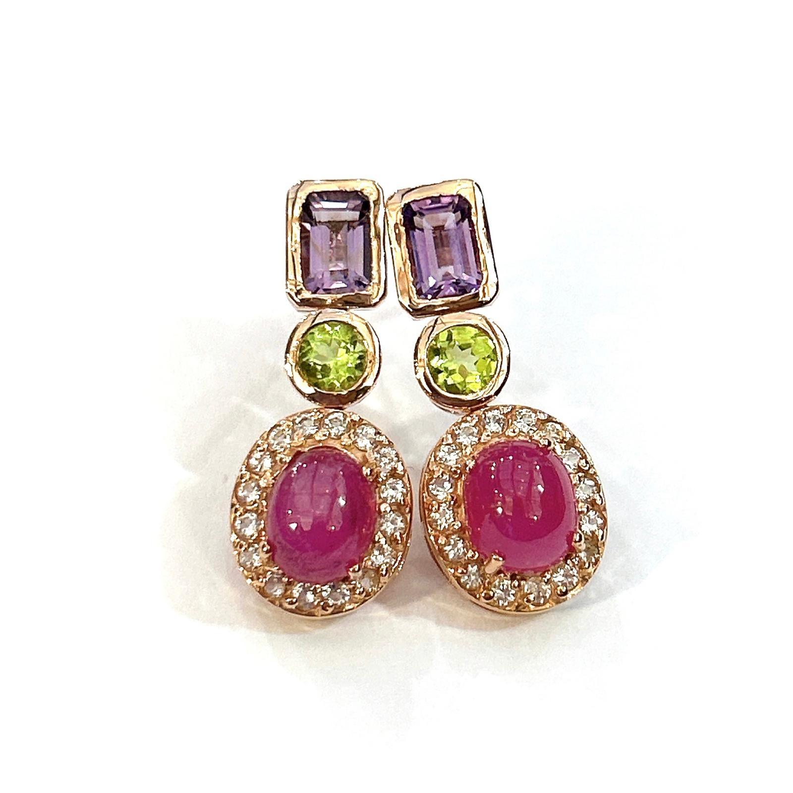 Art Deco Bochic “Capri” Ruby, Amethyst, & Peridot Earrings Set in 18K Gold & Silver For Sale