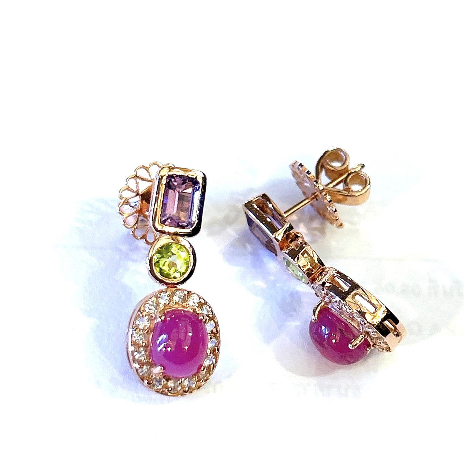 Brilliant Cut Bochic “Capri” Ruby, Amethyst, & Peridot Earrings Set in 18K Gold & Silver For Sale