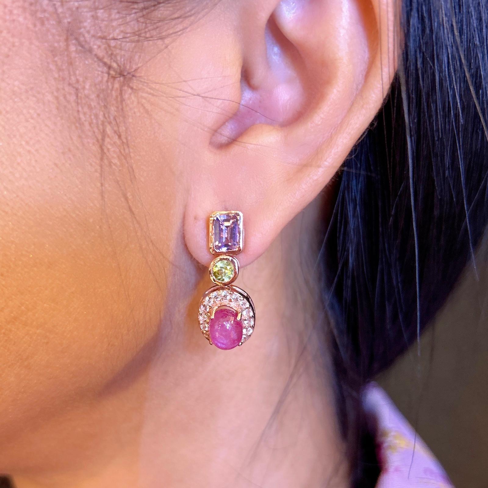 Bochic “Capri” Ruby, Amethyst, & Peridot Earrings Set in 18K Gold & Silver In New Condition For Sale In New York, NY