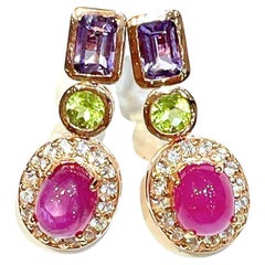 Bochic “Capri” Ruby, Amethyst, & Peridot Earrings Set in 18K Gold & Silver