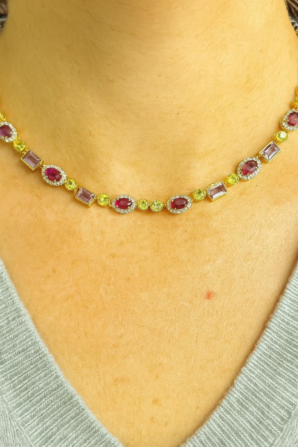 Bochic “Capri” Ruby, Amethyst, Peridot Necklace & Earrings Set 18K Gold & Silver For Sale 7