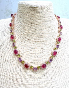 Bochic “Capri” Ruby, Amethyst, Peridot Necklace & Earrings Set 18K Gold & Silver