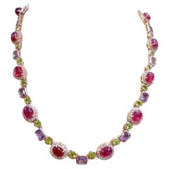 Bochic “Capri” Ruby, Amethyst, Peridot Necklace & Earrings Set 18K Gold & Silver
