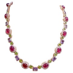 Bochic “Capri” Ruby, Amethyst, Peridot Necklace & Earrings Set 18K Gold & Silver