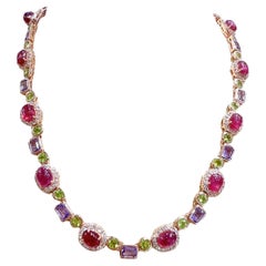 Bochic “Capri” Ruby, Amethyst, Peridot Necklace & Earrings Set 18K Gold & Silver