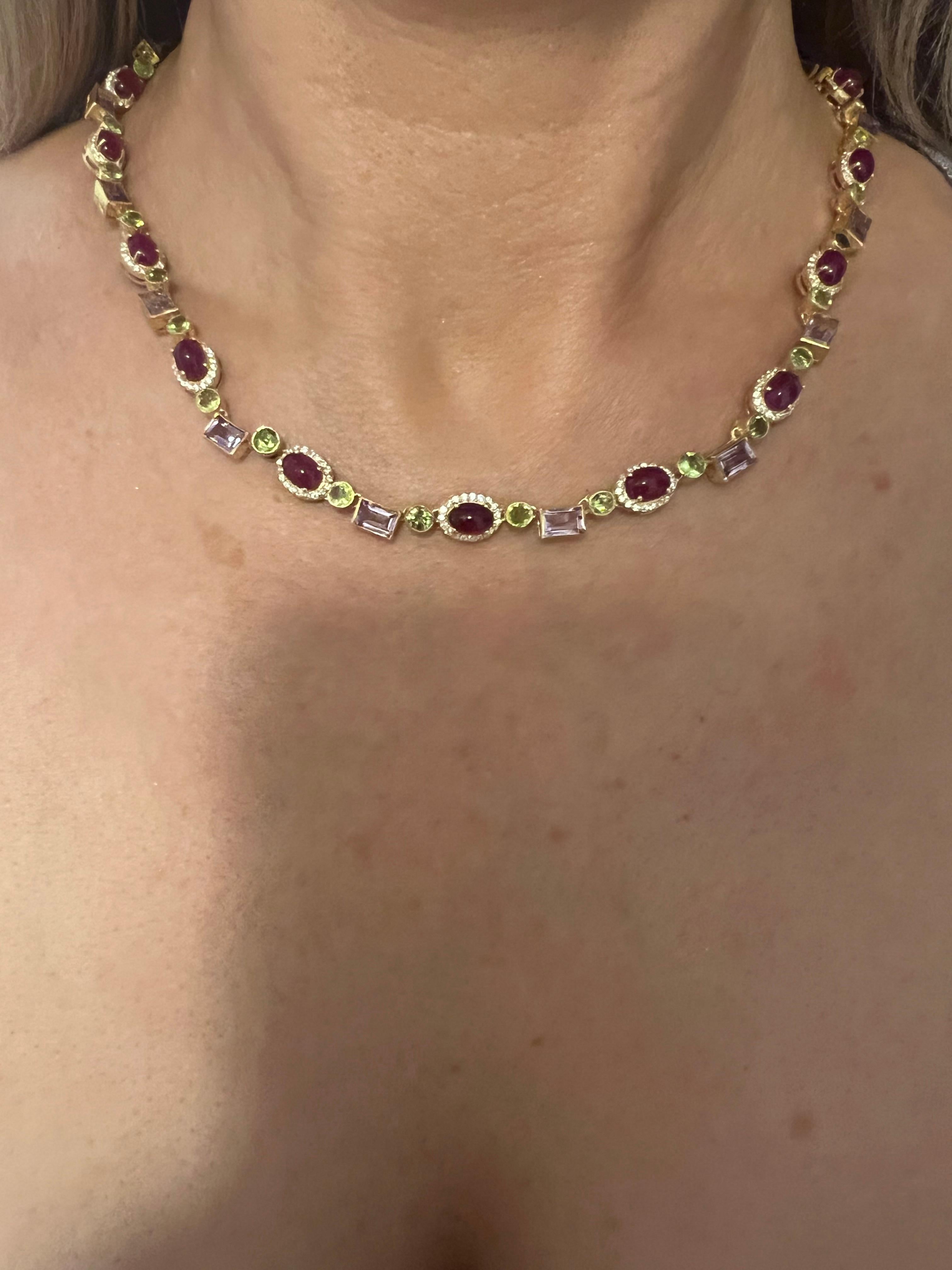 Bochic Capri Rubin, Amethyst, Peridot & Topas Halskette Set 18K Gold & Silber (Art déco) im Angebot