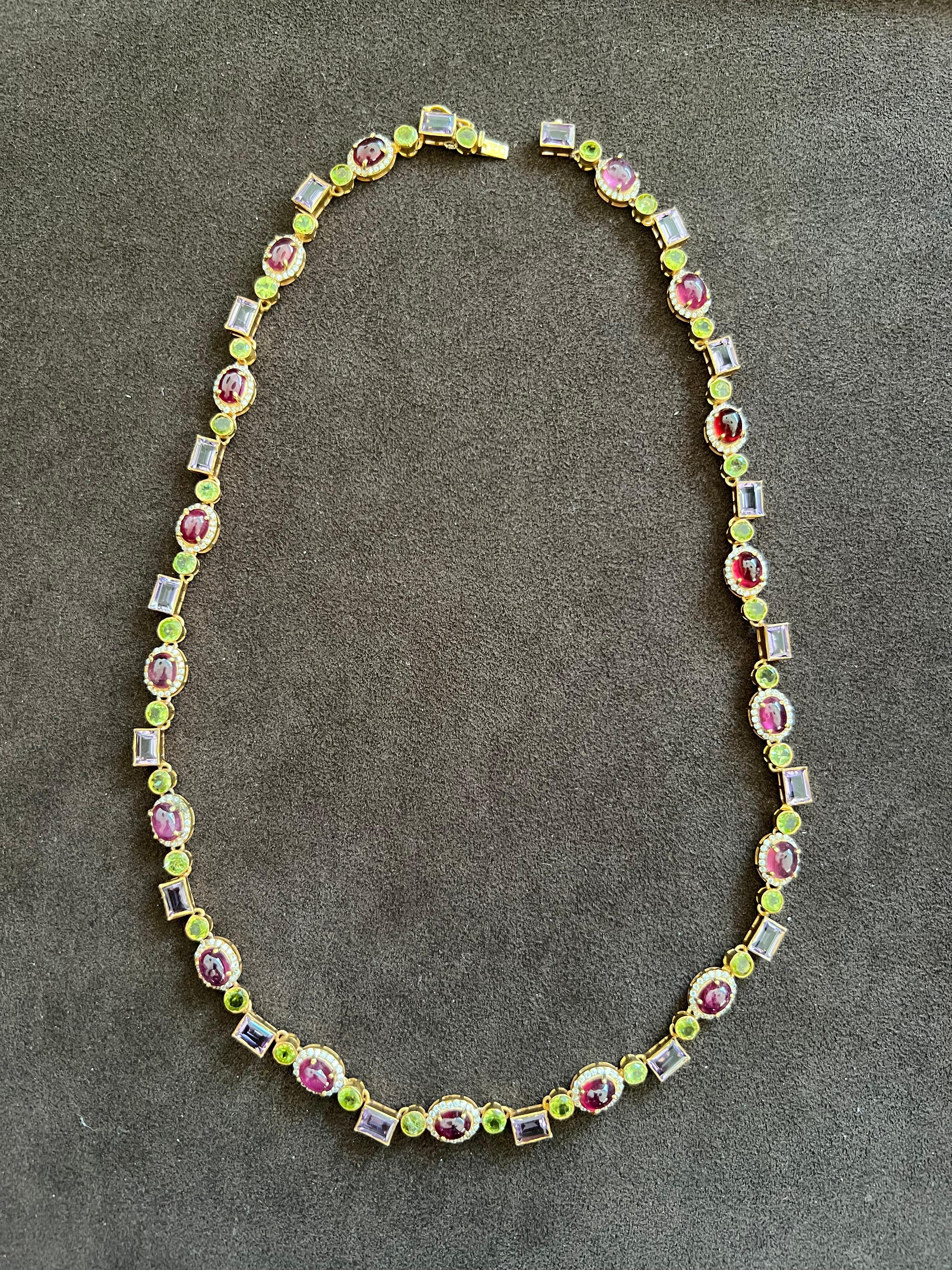 Bochic Capri Rubin, Amethyst, Peridot & Topas Halskette Set 18K Gold & Silber (Brillantschliff) im Angebot