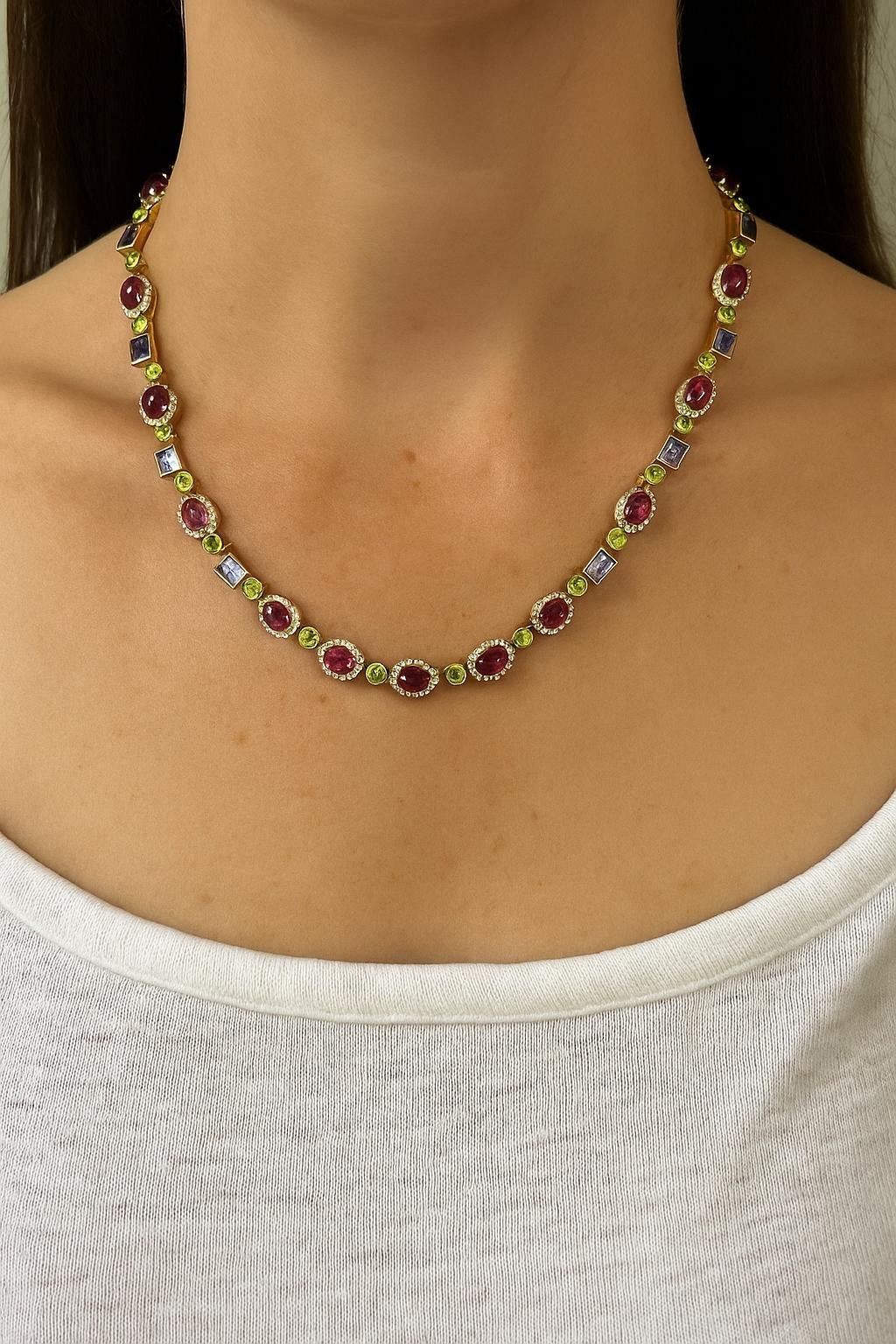 Bochic Capri Rubin, Amethyst, Peridot & Topas Halskette Set 18K Gold & Silber im Angebot 2