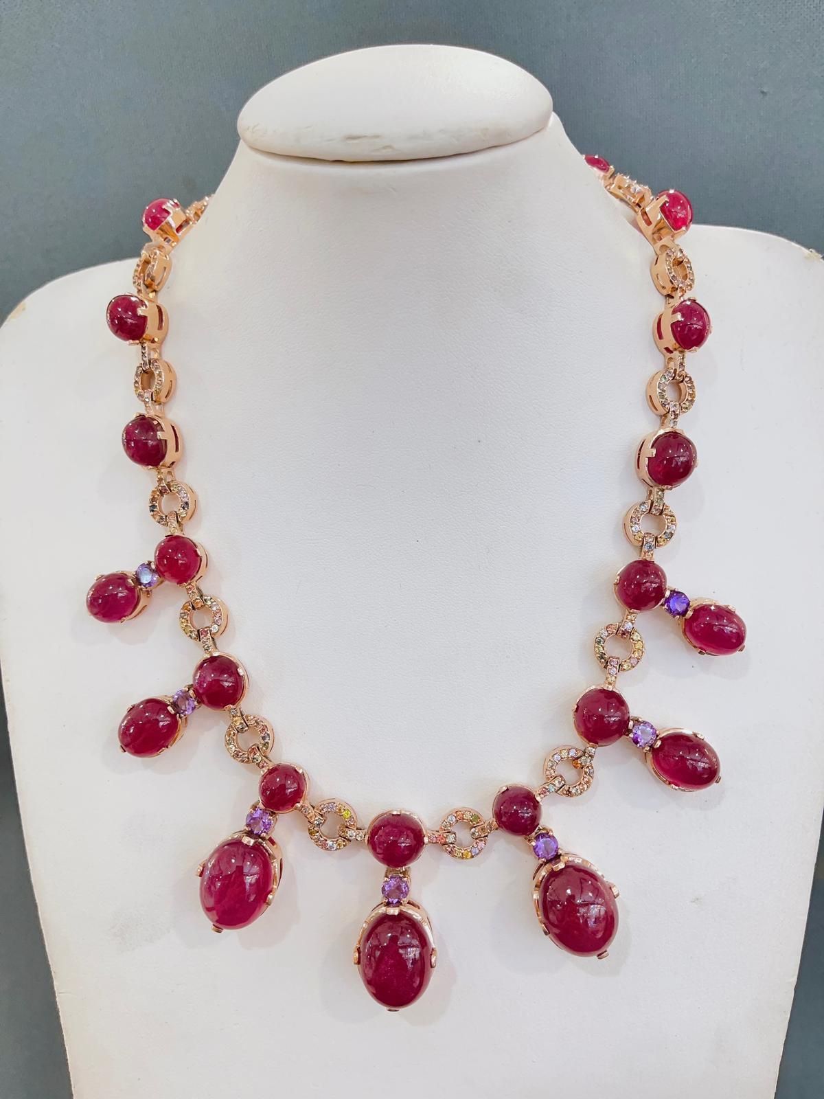 Bochic “Capri” Ruby, Amethyst & Sapphire Necklace Set In 22K Gold & Silver 
Bochic Multi Natural Gem “Capri” Stunning Necklace
It has an open and close clasp and a safety hook
The inside has a beautiful pattern grill 
Natural Red Ruby Cabochons - 56