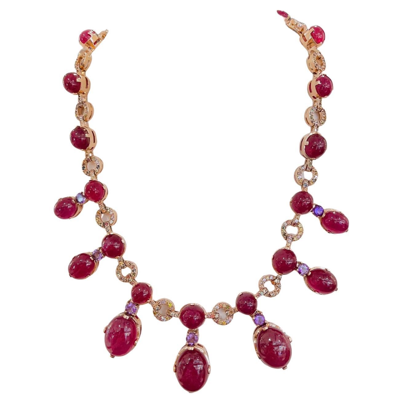 Bochic “Capri” Ruby, Amethyst & Sapphire Necklace Set in 22k Gold & Silver For Sale