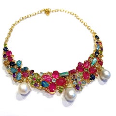 Bochic “Capri” Vintage Ruby, Amethyst, Sapphire & Pearl Necklace 18K Gold & Silv