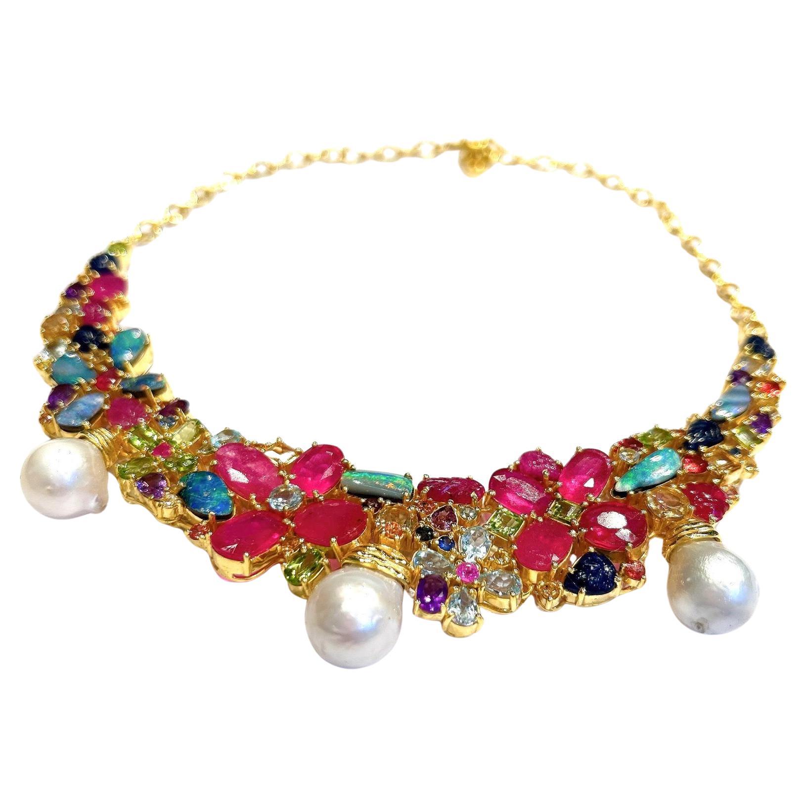 Conjunto de collar Bochic "Capri" de rubí, amatista, zafiro y perlas Oro de 18 quilates y plata