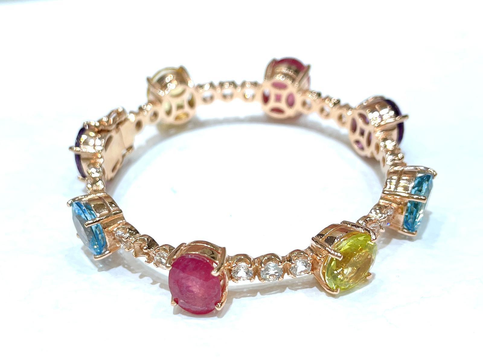 Retro Bochic “Capri” Ruby, Amethyst & Topaz Vintage Bracelet Set 18K Gold & Silver For Sale