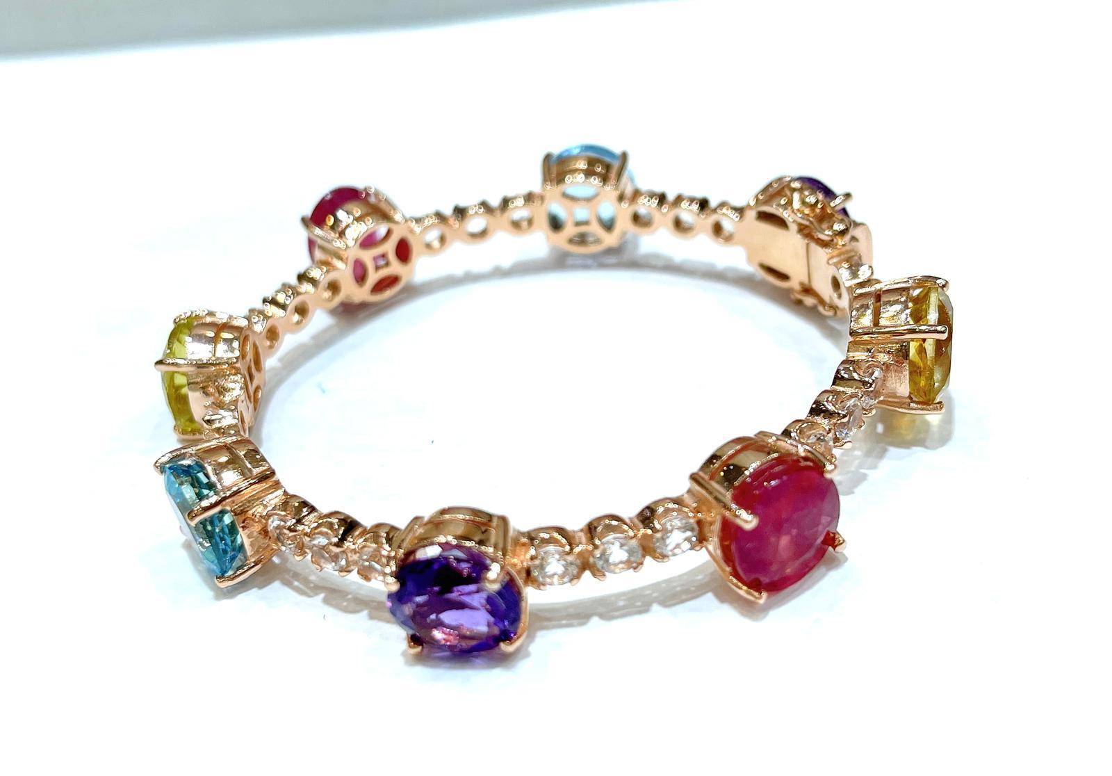 Brilliant Cut Bochic “Capri” Ruby, Amethyst & Topaz Vintage Bracelet Set 18K Gold & Silver For Sale