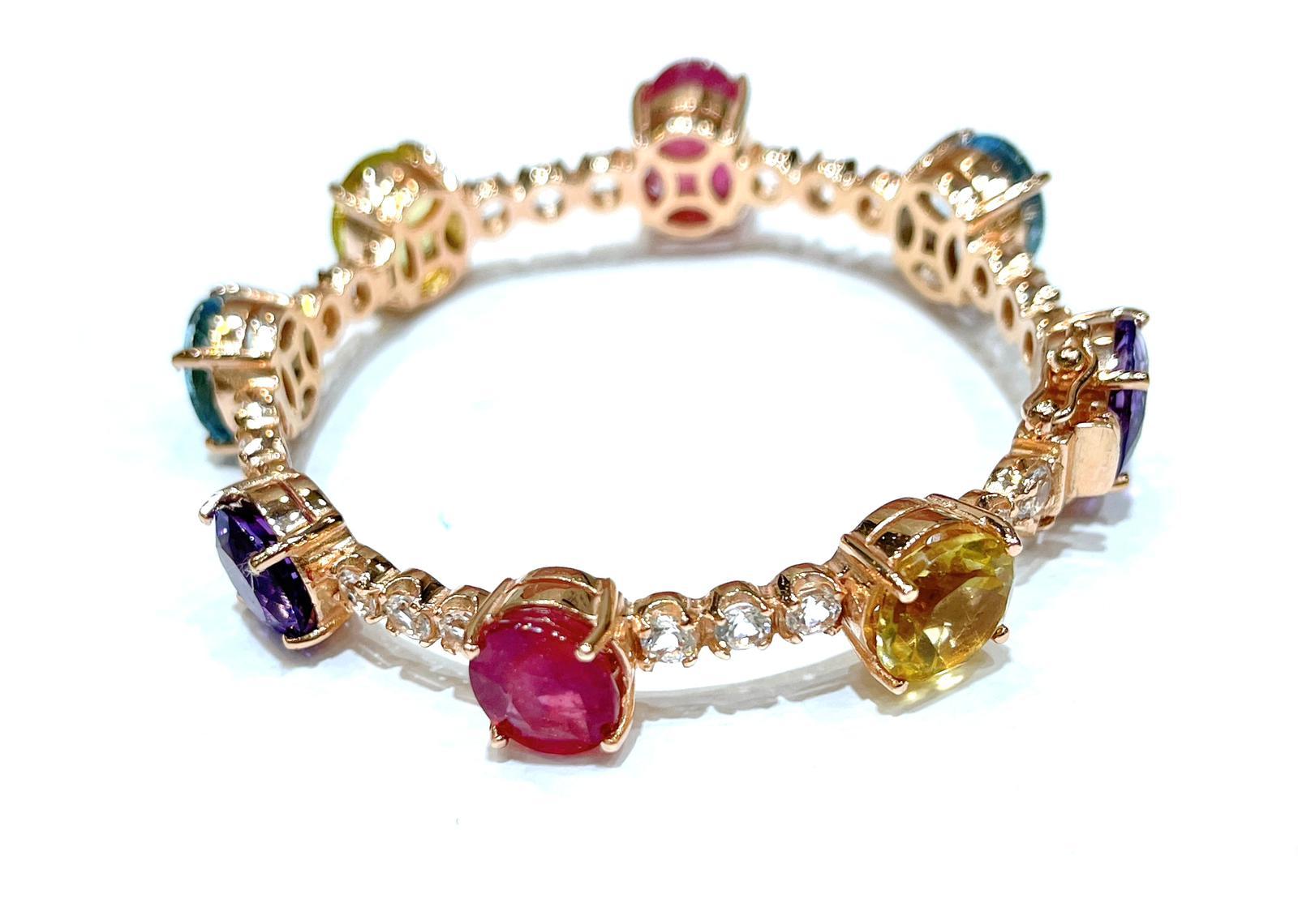 Bochic “Capri” Ruby, Amethyst & Topaz Vintage Bracelet Set 18K Gold & Silver For Sale 2