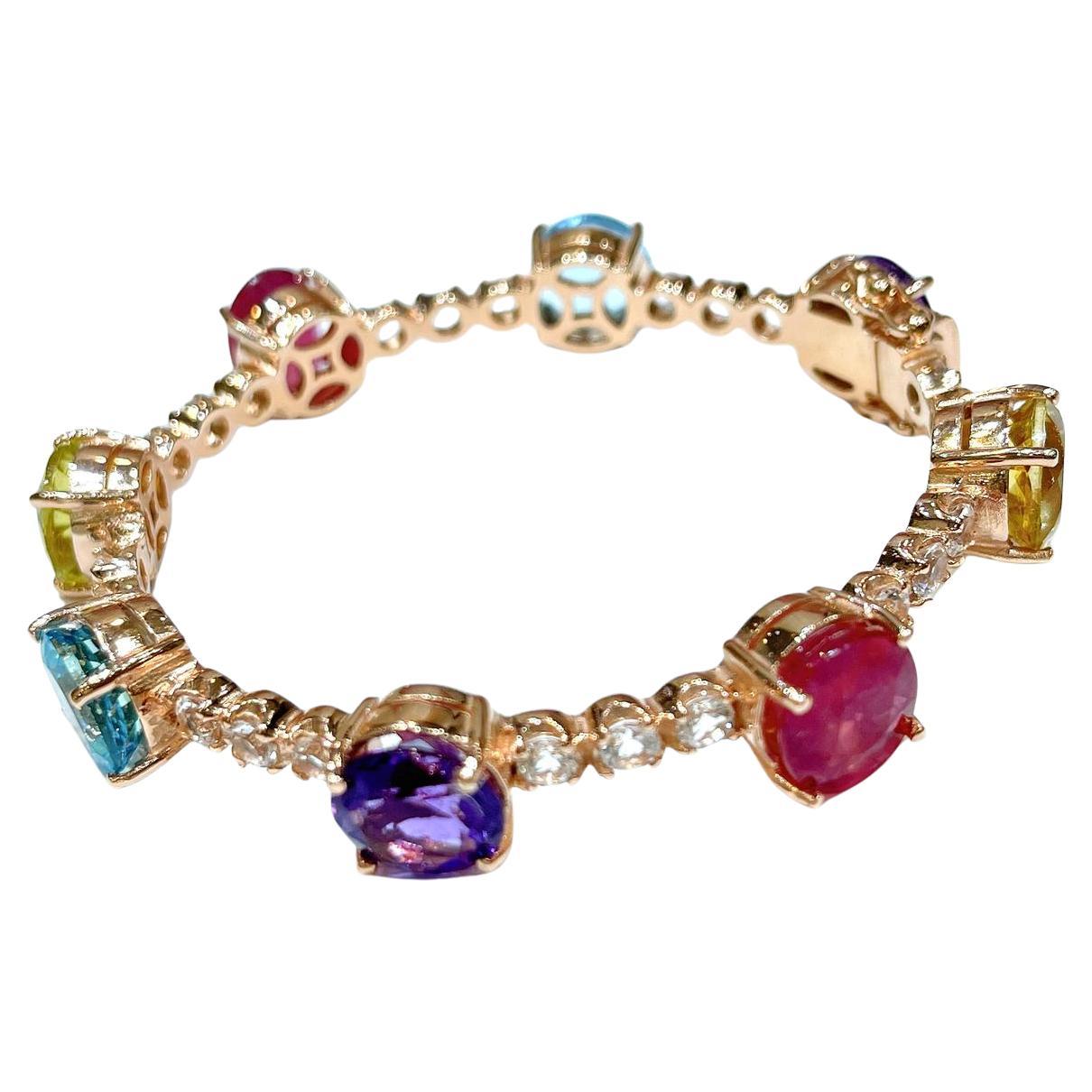 Bochic “Capri” Ruby, Amethyst & Topaz Vintage Bracelet Set 18K Gold & Silver For Sale