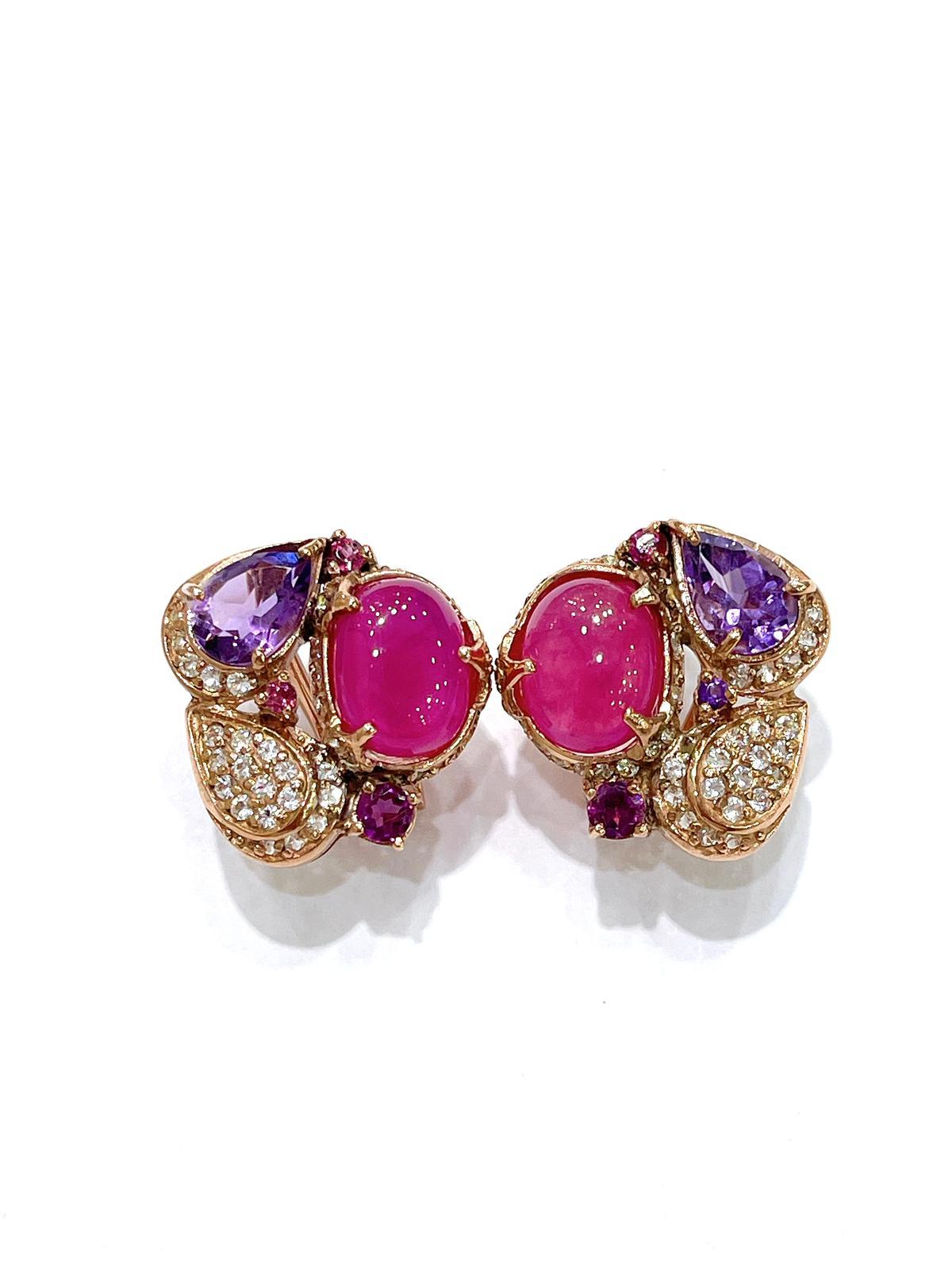 Bochic “Capri” Ruby, Amethyst & White Topaz  Earrings Set in 18K Gold & Silver For Sale 4