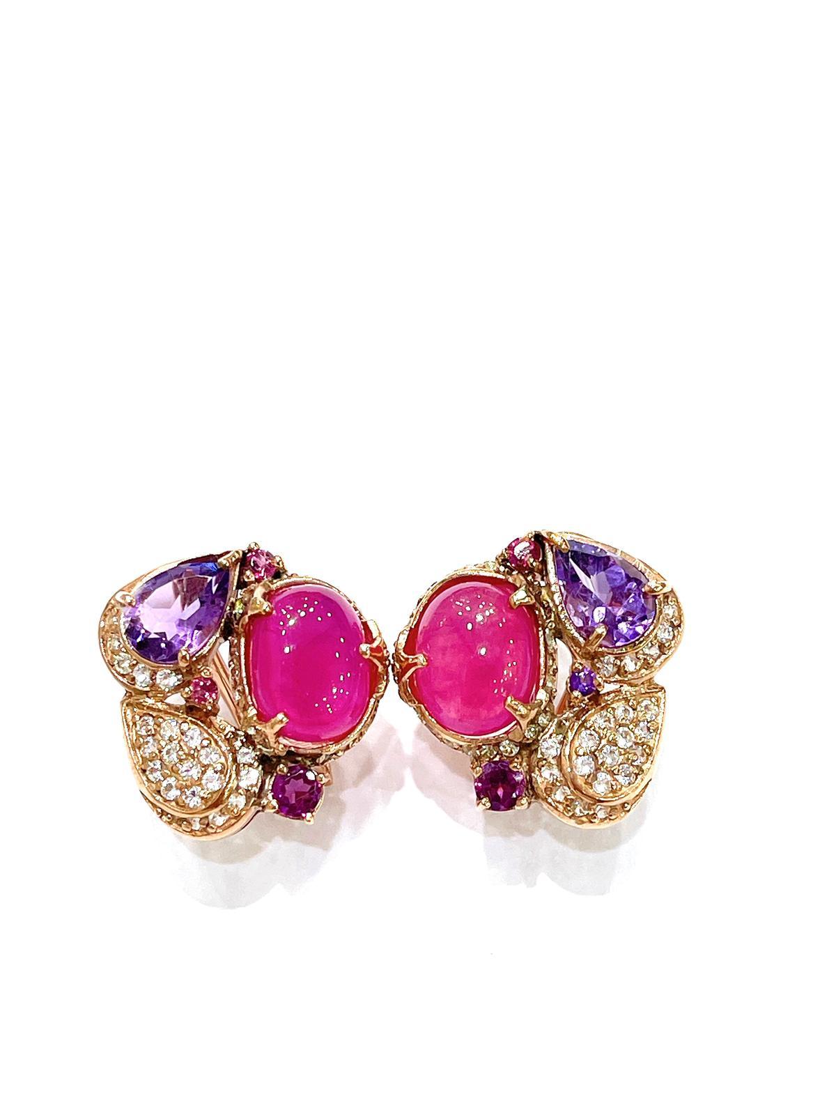 Bochic “Capri” Ruby, Amethyst & White Topaz  Earrings Set in 18K Gold & Silver For Sale 5
