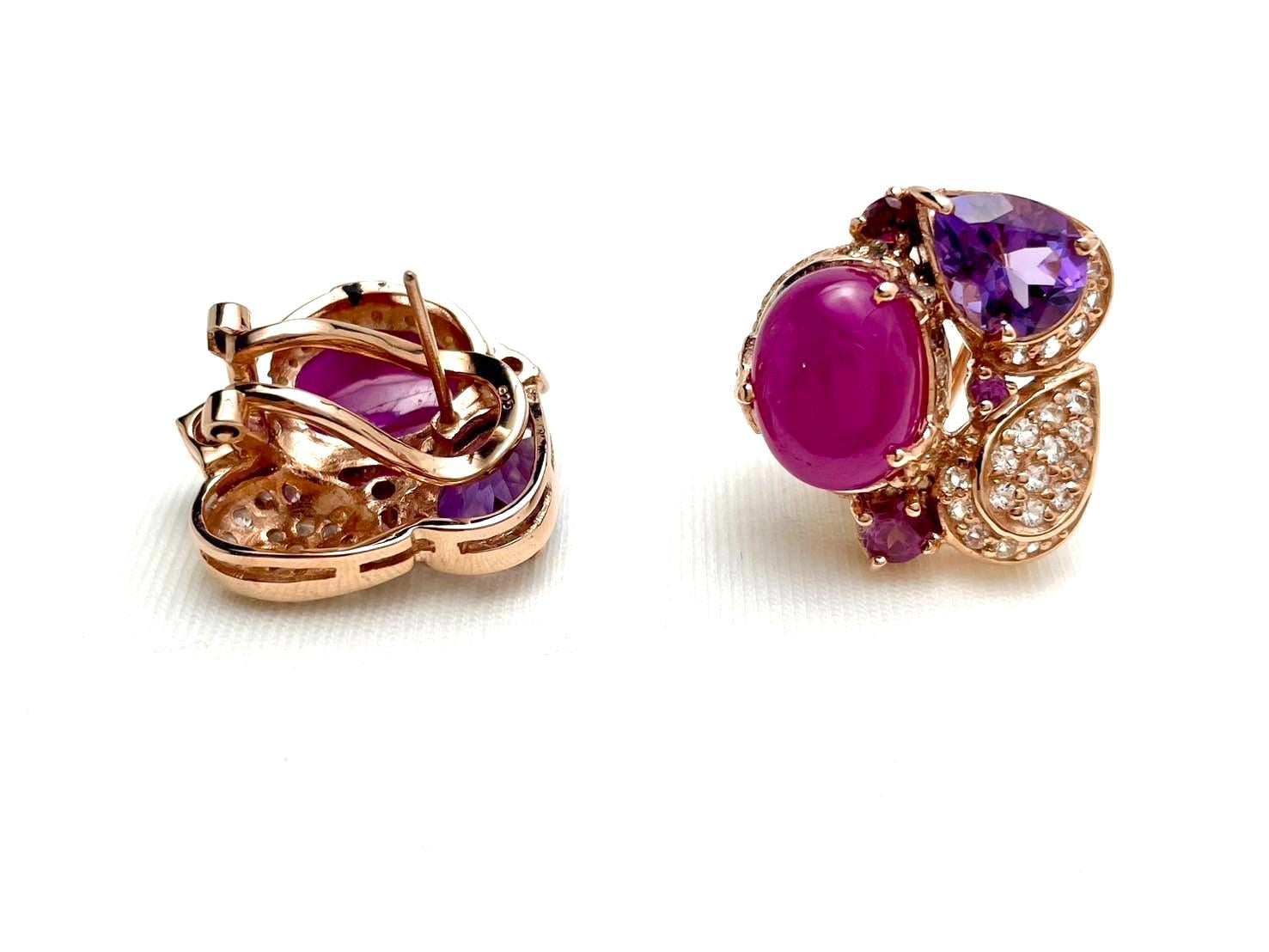 Belle Époque Bochic “Capri” Ruby, Amethyst & White Topaz  Earrings Set in 18K Gold & Silver For Sale