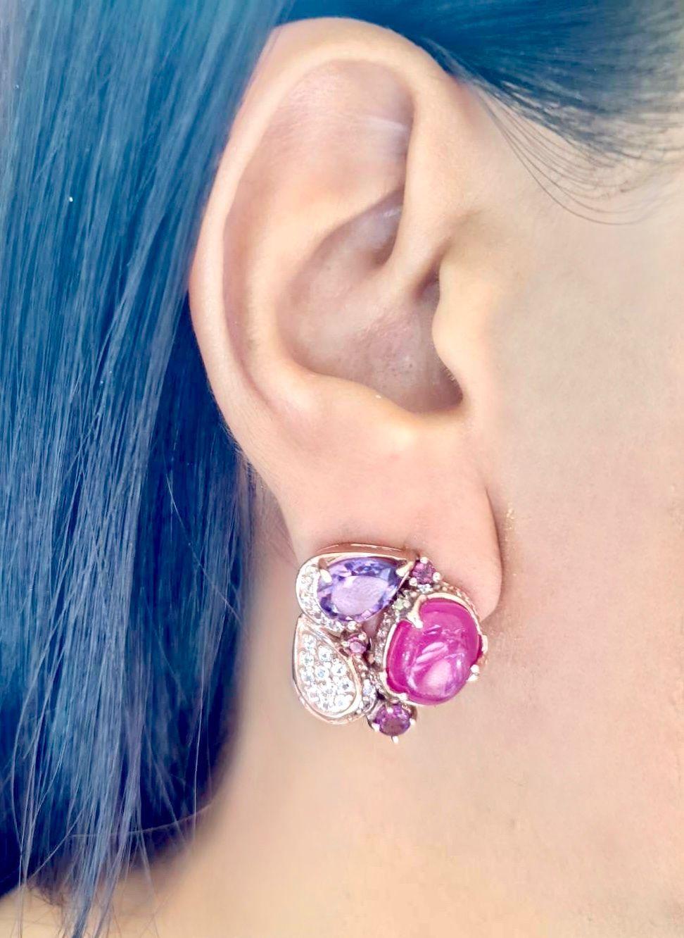 Brilliant Cut Bochic “Capri” Ruby, Amethyst & White Topaz  Earrings Set in 18K Gold & Silver For Sale