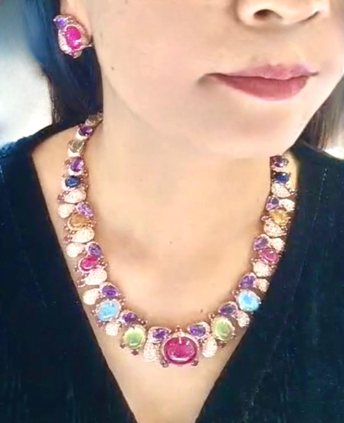 Bochic “Capri” Ruby, Amethyst & White Topaz  Earrings Set in 18K Gold & Silver In New Condition For Sale In New York, NY
