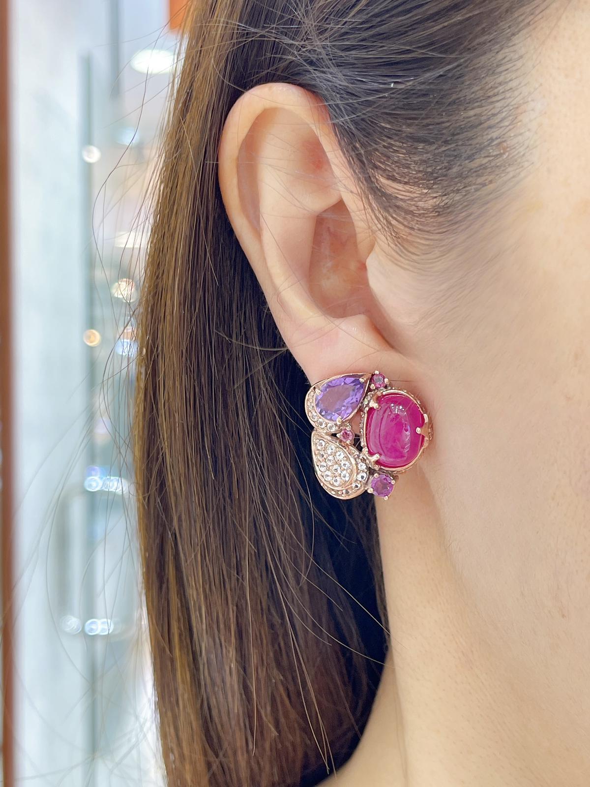 Bochic “Capri” Ruby, Amethyst & White Topaz  Earrings Set in 18K Gold & Silver For Sale 1