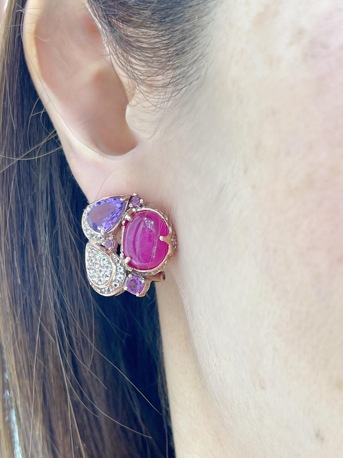 Bochic “Capri” Ruby, Amethyst & White Topaz  Earrings Set in 18K Gold & Silver For Sale 2
