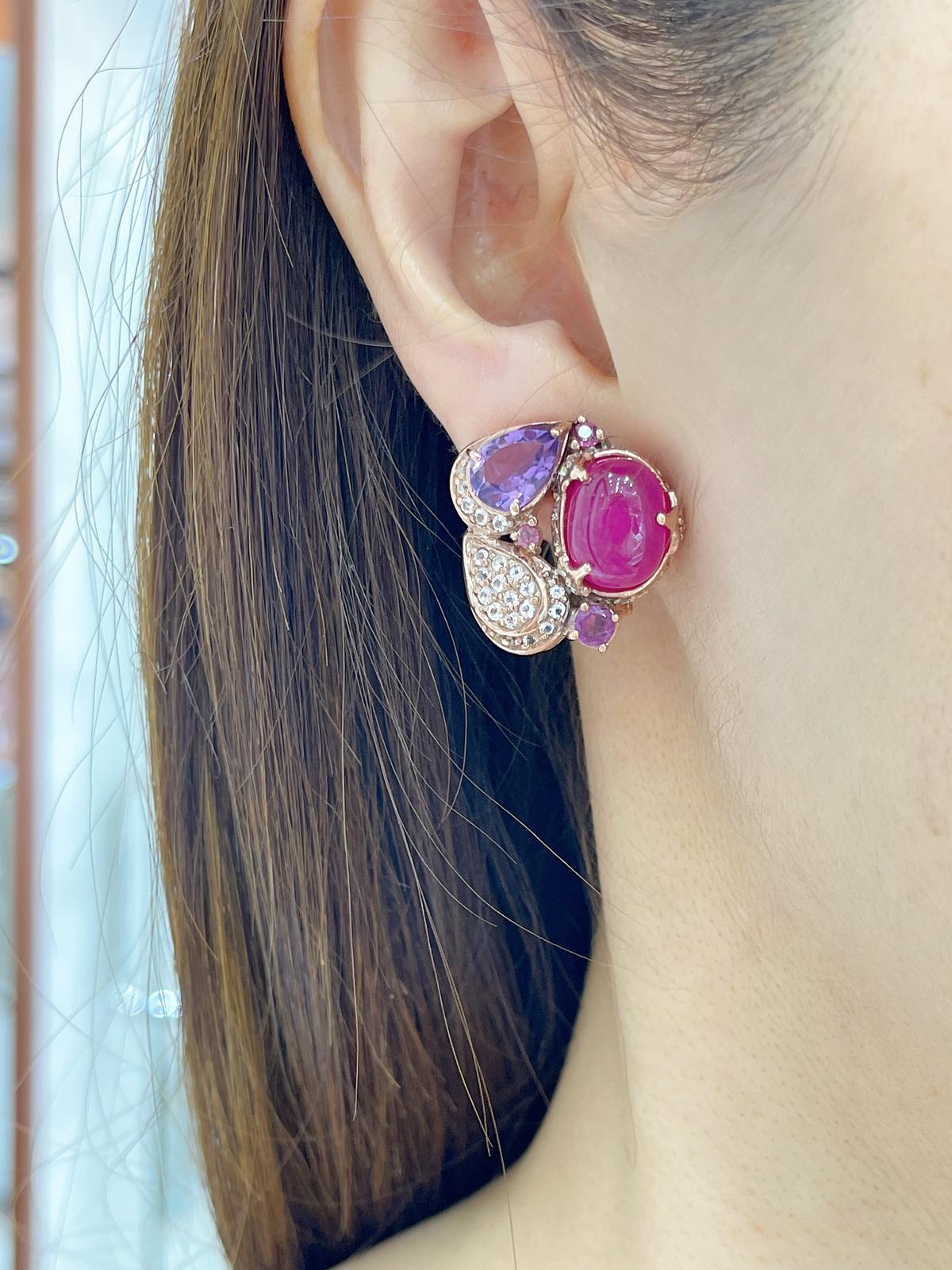 Bochic “Capri” Ruby, Amethyst & White Topaz  Earrings Set in 18K Gold & Silver For Sale 3