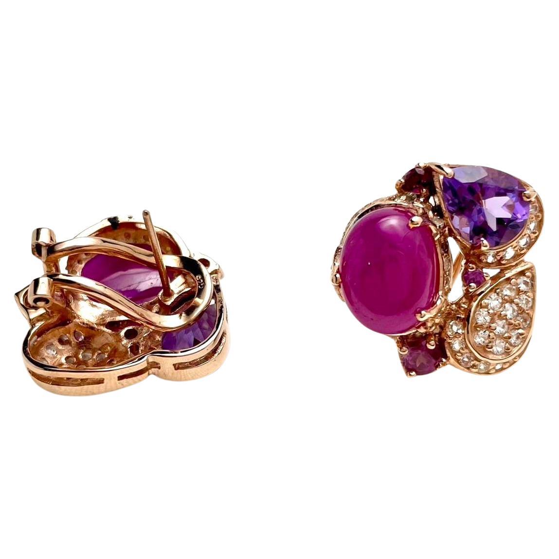 Bochic “Capri” Ruby, Amethyst & White Topaz  Earrings Set in 18K Gold & Silver For Sale