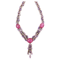 Bochic “Capri” Vintage Ruby, Amethyst & Topaz Necklace 18K Gold & Silver
