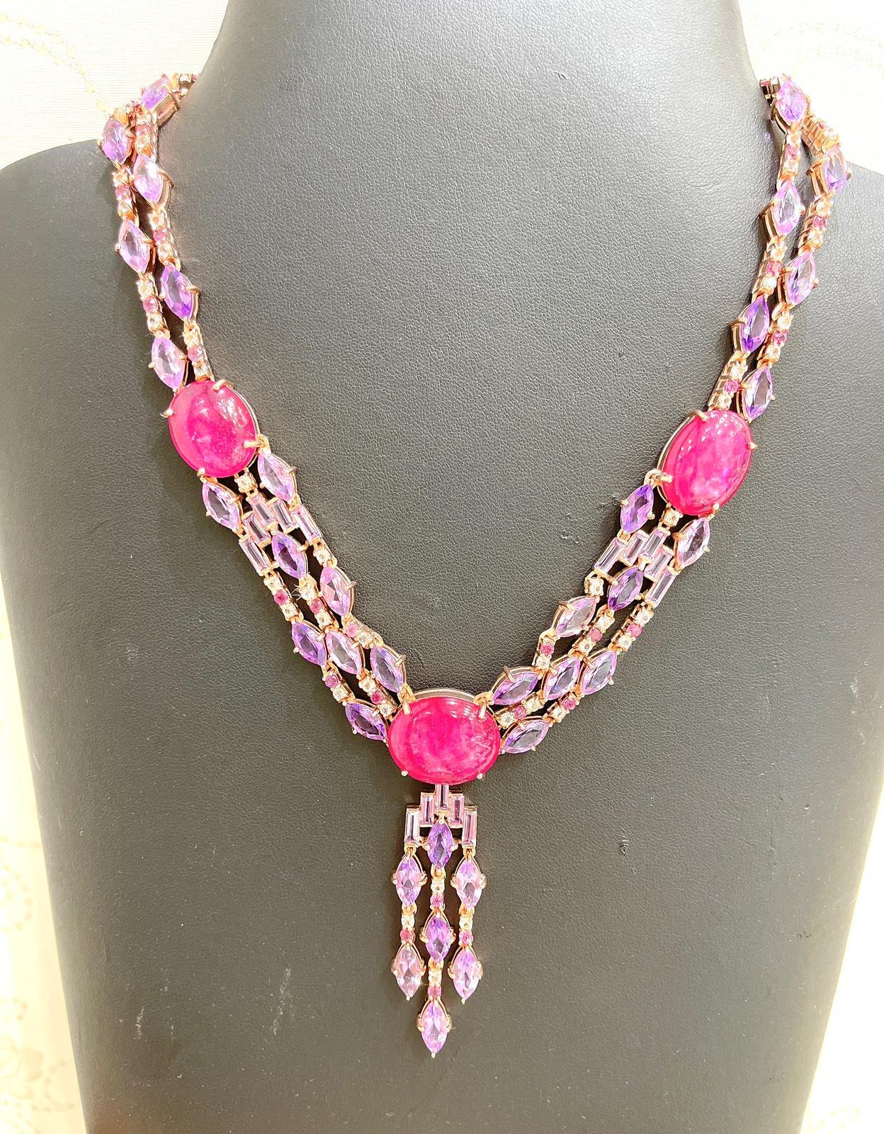 Bochic Capri Rubin, Amethyst und weißer Topas  Halskette aus 18K Gold & Silber für Damen oder Herren im Angebot