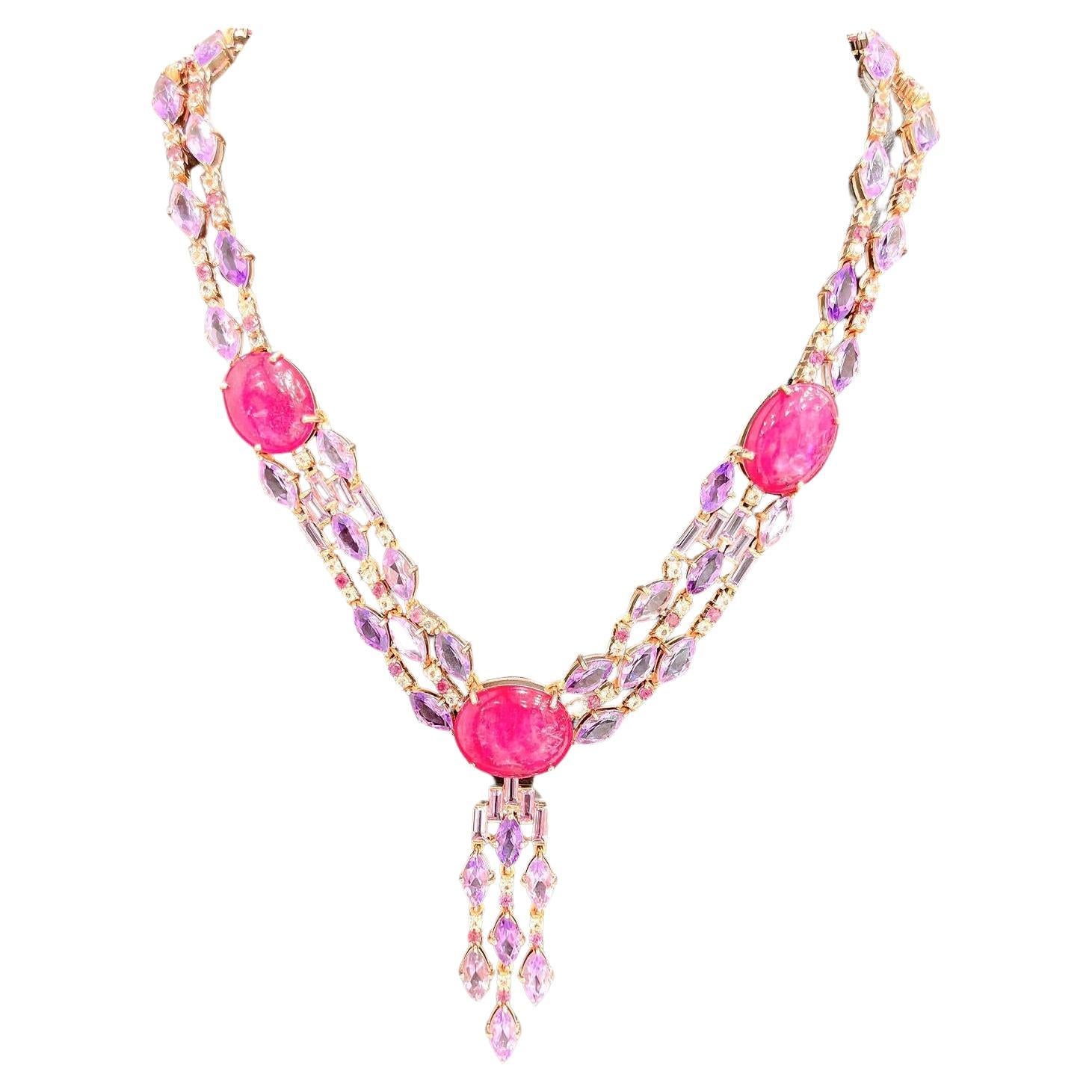 Bochic “Capri” Ruby, Amethyst & White Topaz  Necklace in 18K Gold & Silver