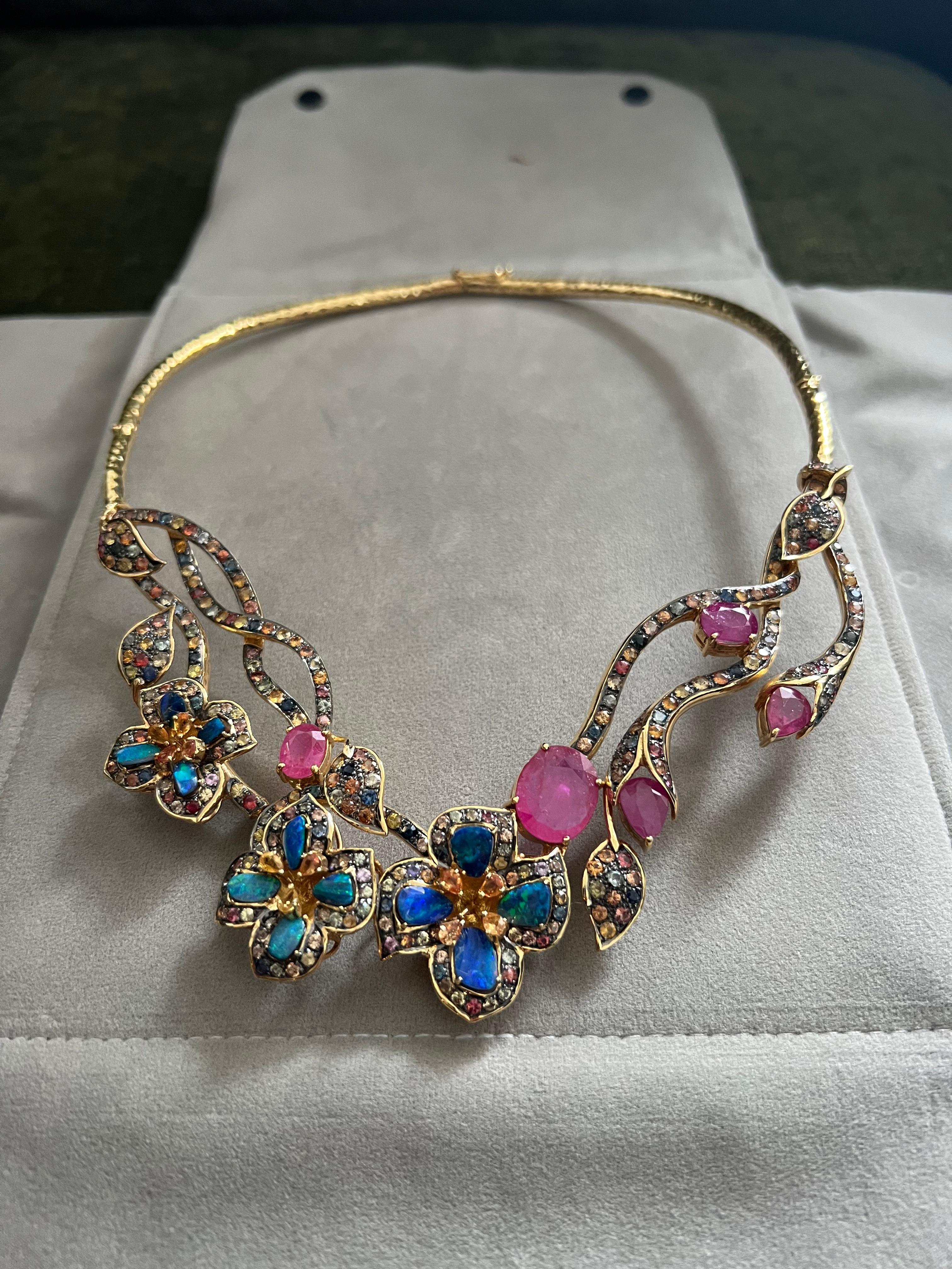 Bochic “Capri” Ruby, Blue Opal & Multi Sapphire Collier Set In 18K Gold & Silver For Sale 5