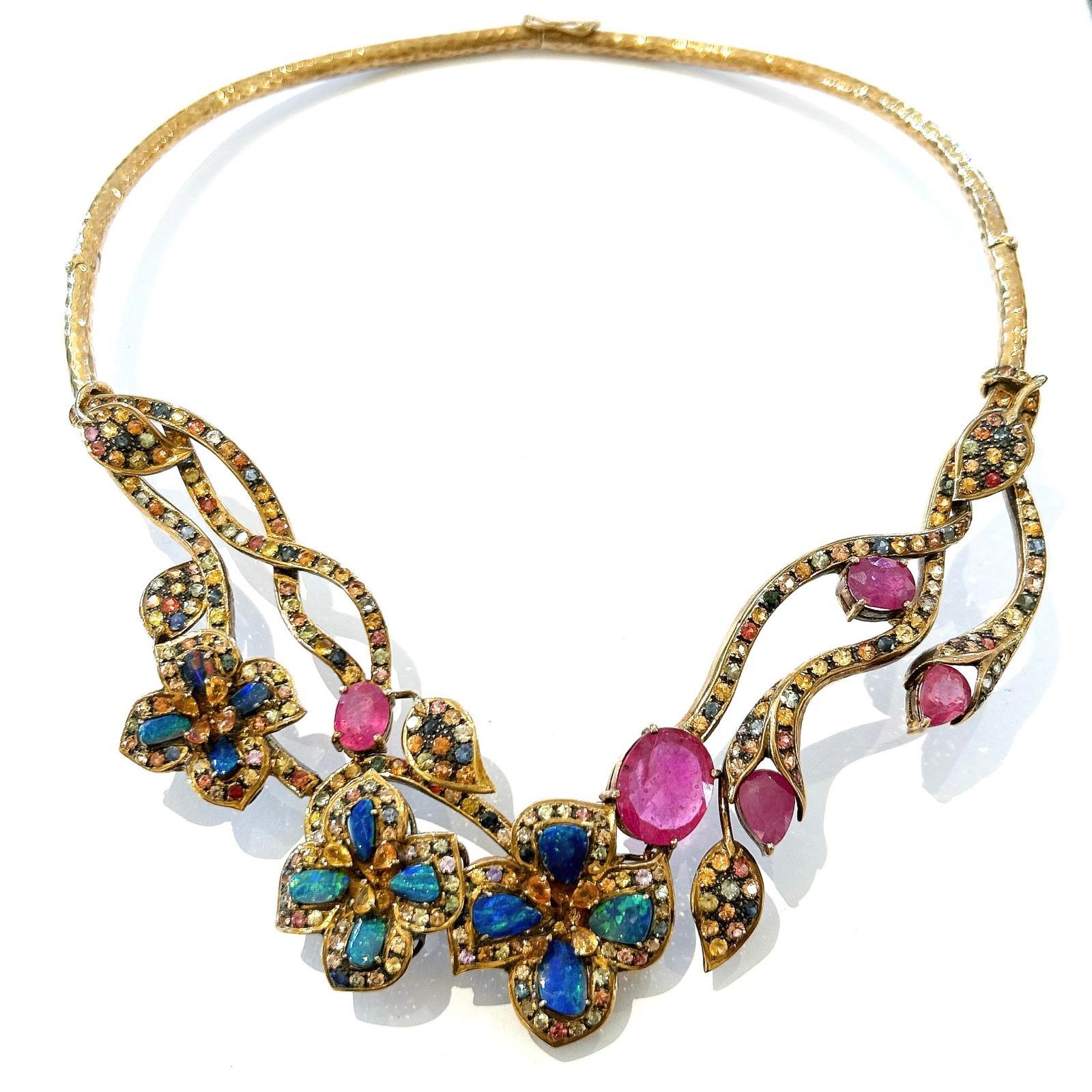Baroque Bochic “Capri” Ruby, Blue Opal & Multi Sapphire Collier Set In 18K Gold & Silver For Sale