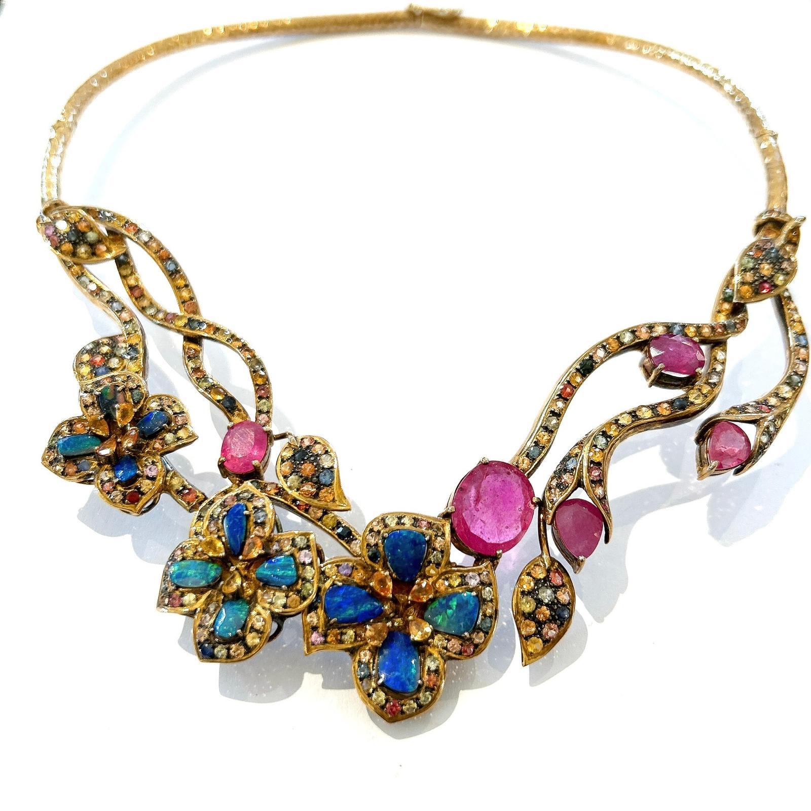 Brilliant Cut Bochic “Capri” Ruby, Blue Opal & Multi Sapphire Collier Set In 18K Gold & Silver For Sale