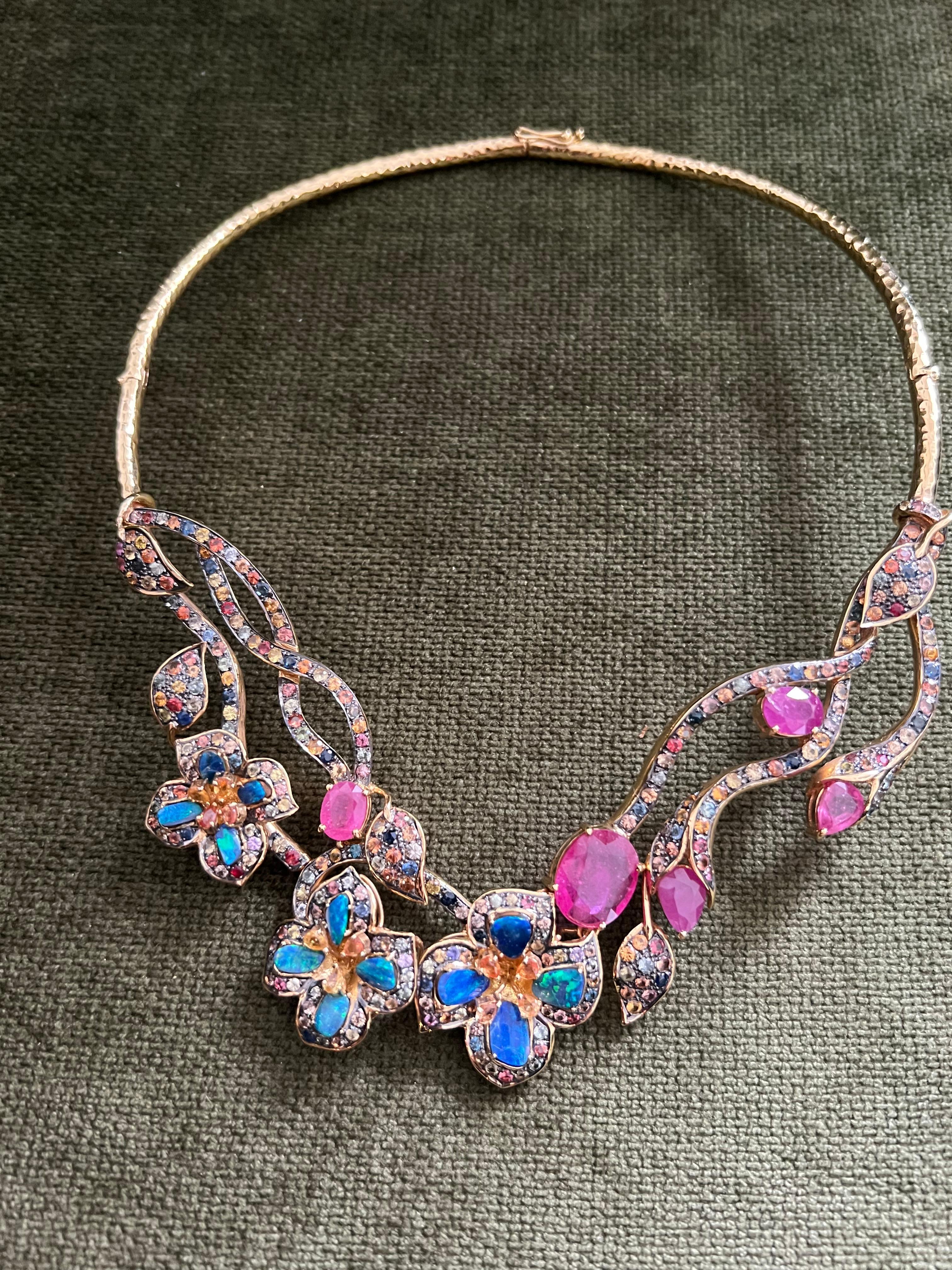 Bochic “Capri” Ruby, Blue Opal & Multi Sapphire Collier Set In 18K Gold & Silver For Sale 1