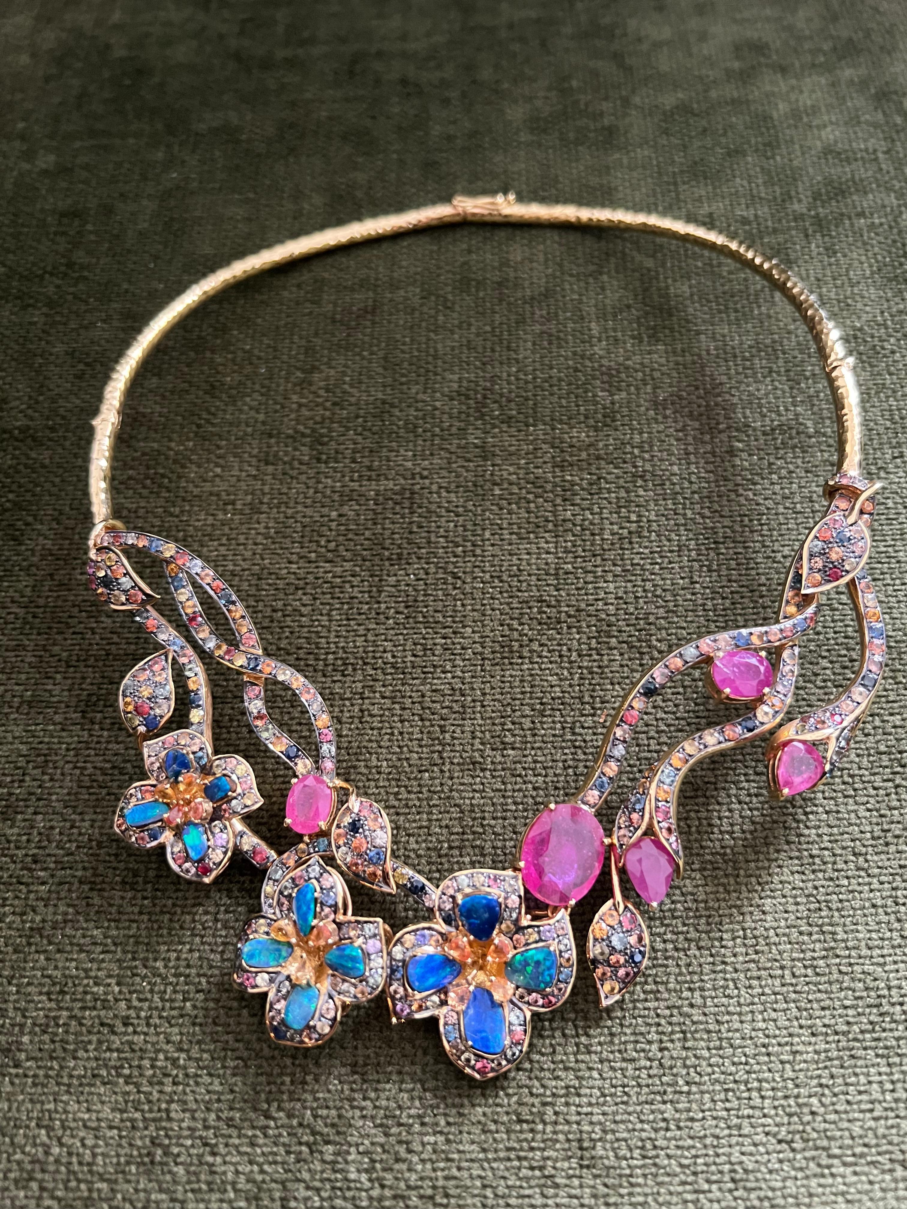 Bochic “Capri” Ruby, Blue Opal & Multi Sapphire Collier Set In 18K Gold & Silver For Sale 3