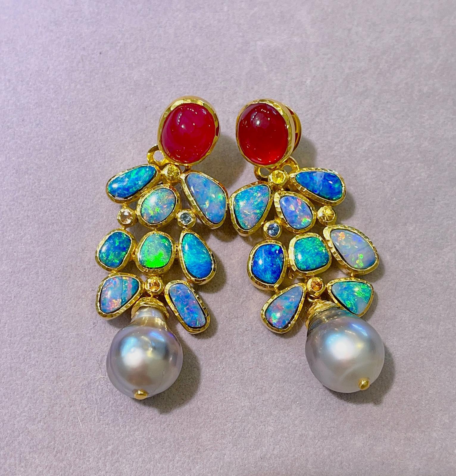 Bochic “Capri”, Ruby, Blue Opal and Tahiti Pearls Earrings set in 22 Gold & Silver 
Natural Red Ruby Cabochons - 13 carats
Shape - Oval shape Cabochon
Baroque Tahiti south sea pearls, silver color with pink tone 
White color, with pink and silver