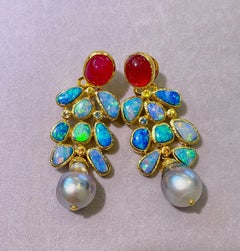 Bochic “Capri”, Ruby, Blue Opal & Tahiti Pearl Earrings Set in 22 Gold & Silver