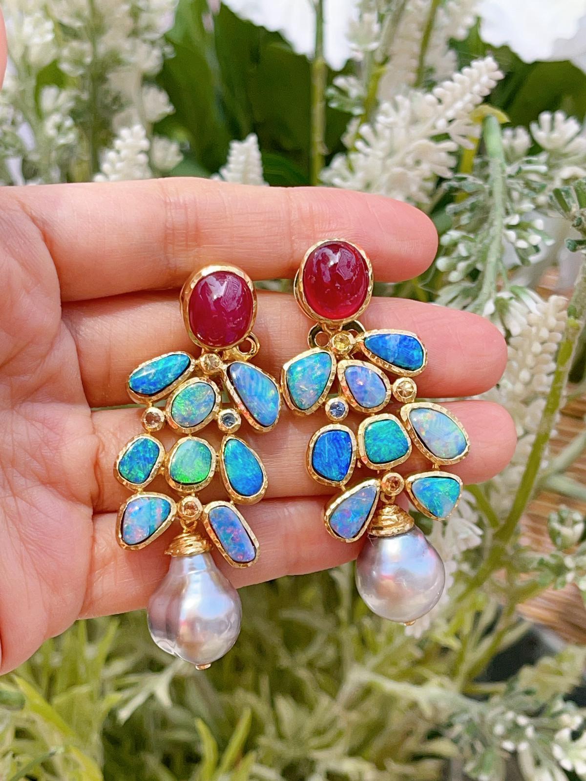 Baroque Bochic “Capri”, Ruby, Blue Opal & Tahiti Pearl Earrings Set in 22 Gold & Silver 