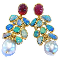 Bochic “Capri”, Ruby, Blue Opal 
Tahiti Pearl Earrings Set in 22 Gold 
Silver