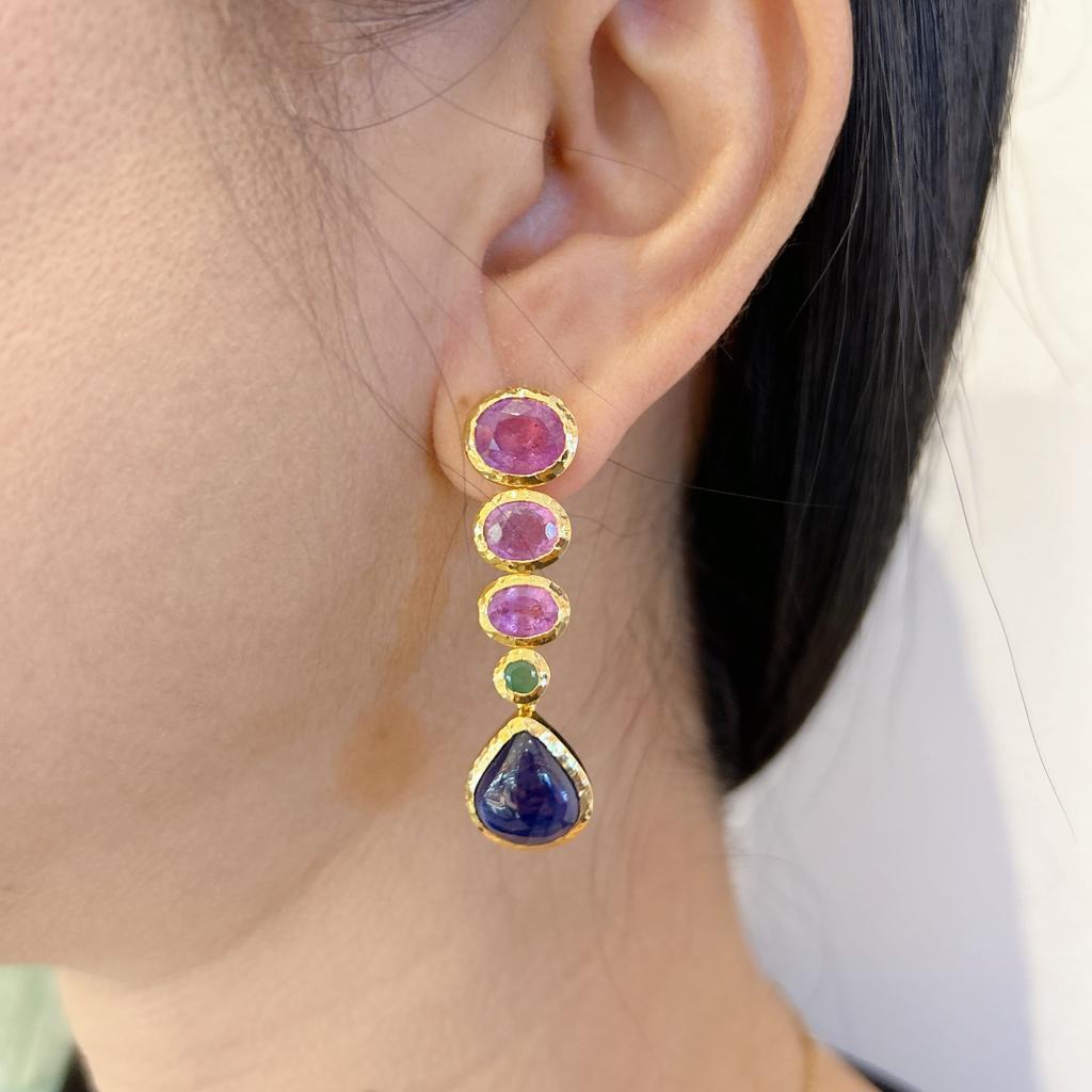 Belle Époque Bochic “Capri”, Ruby, Blue Sapphire & Emerald Drop Earrings set in 22 Gold & Sil For Sale