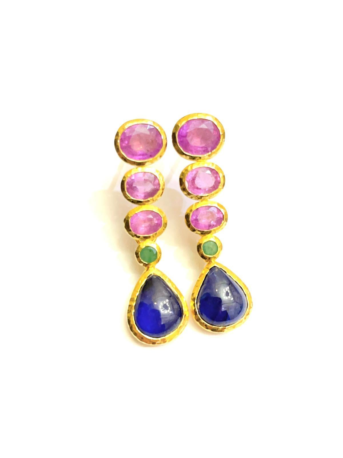 Oval Cut Bochic “Capri”, Ruby, Blue Sapphire & Emerald Drop Earrings set in 22 Gold & Sil For Sale