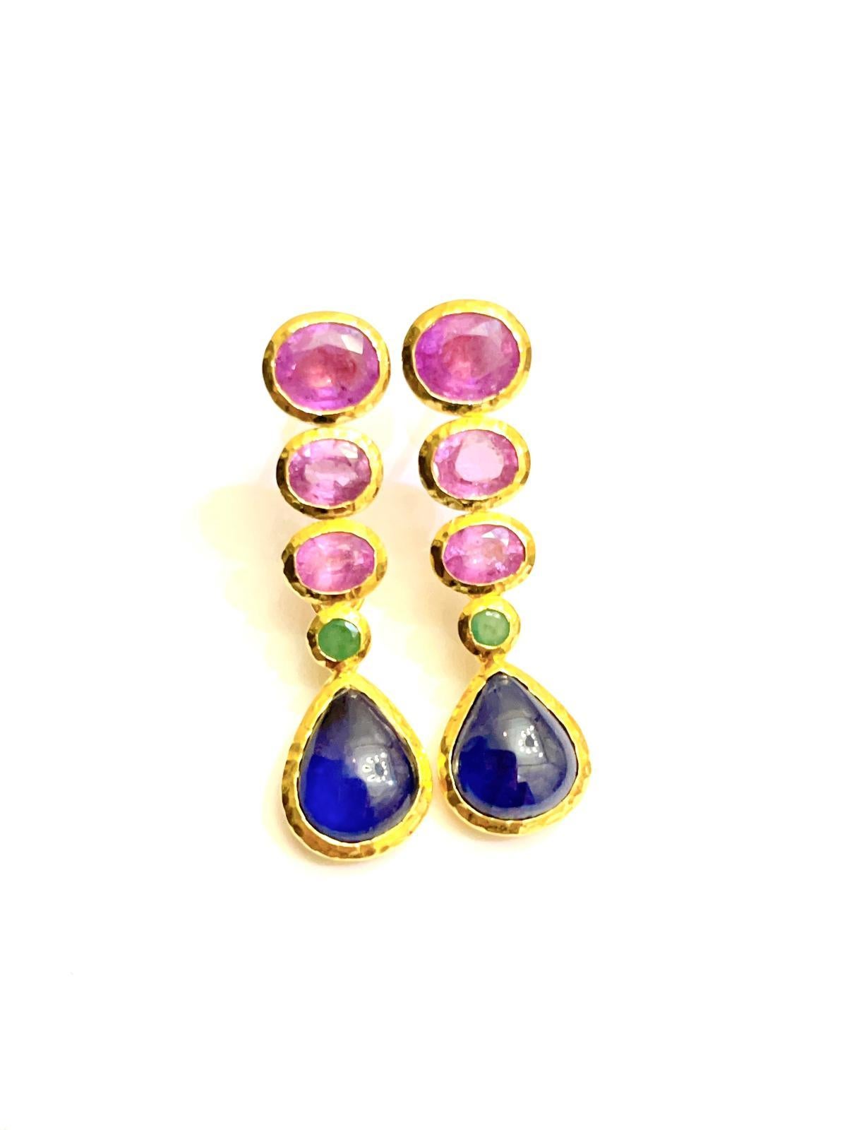 Bochic “Capri”, Ruby, Blue Sapphire & Emerald Drop Earrings set in 22 Gold & Sil In New Condition For Sale In New York, NY
