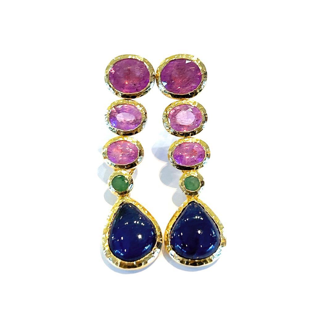 Women's Bochic “Capri”, Ruby, Blue Sapphire & Emerald Drop Earrings set in 22 Gold & Sil For Sale