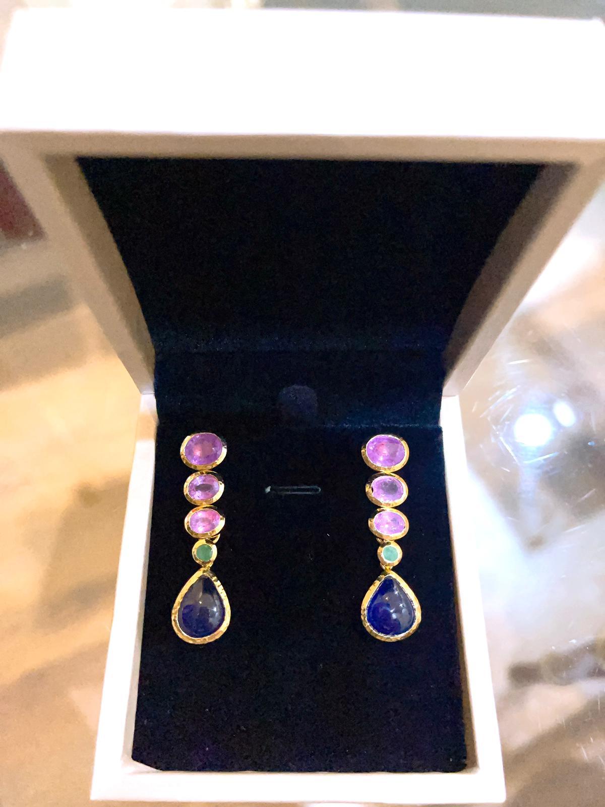 Bochic “Capri”, Ruby, Blue Sapphire & Emerald Drop Earrings set in 22 Gold & Sil For Sale 1