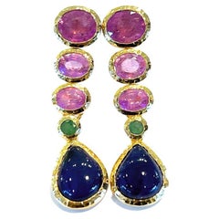 Bochic “Capri”, Ruby, Blue Sapphire & Emerald Drop Earrings set in 22 Gold & Sil