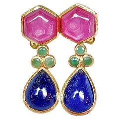 Bochic “Capri” Ruby, Blue Sapphire & Emerald Earrings Set in 22k Gold & Silver 